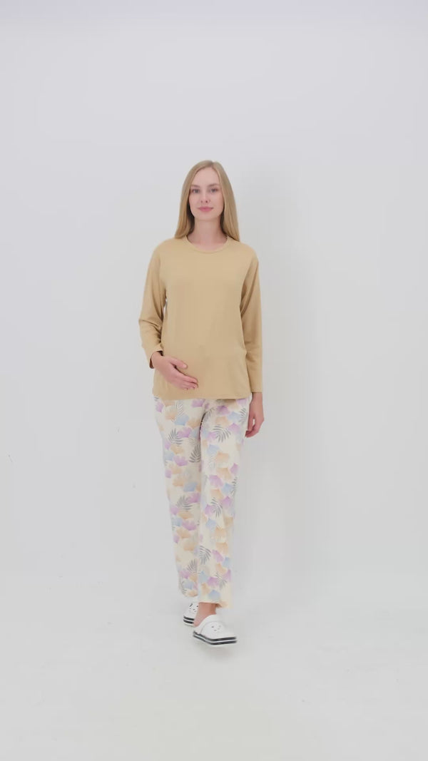 Hamile Pijama Takımı – Lohusa Seti, Desenli Alt ve Gizli Emzirme Panelli Üst Kombini - 1180-81