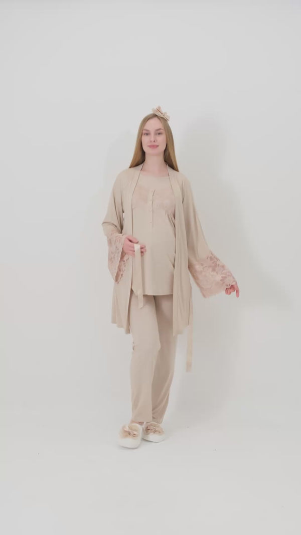 Emzirme Düğmeli Hamile Pijama Takımı/ Dantel Sabahlıklı Lohusa Pijama Takım - 3431