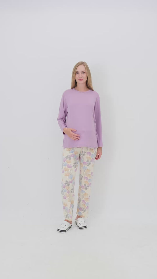 Hamile Pijama Takımı – Lohusa Seti, Desenli Alt ve Gizli Emzirme Panelli Üst Kombini - 1180-81