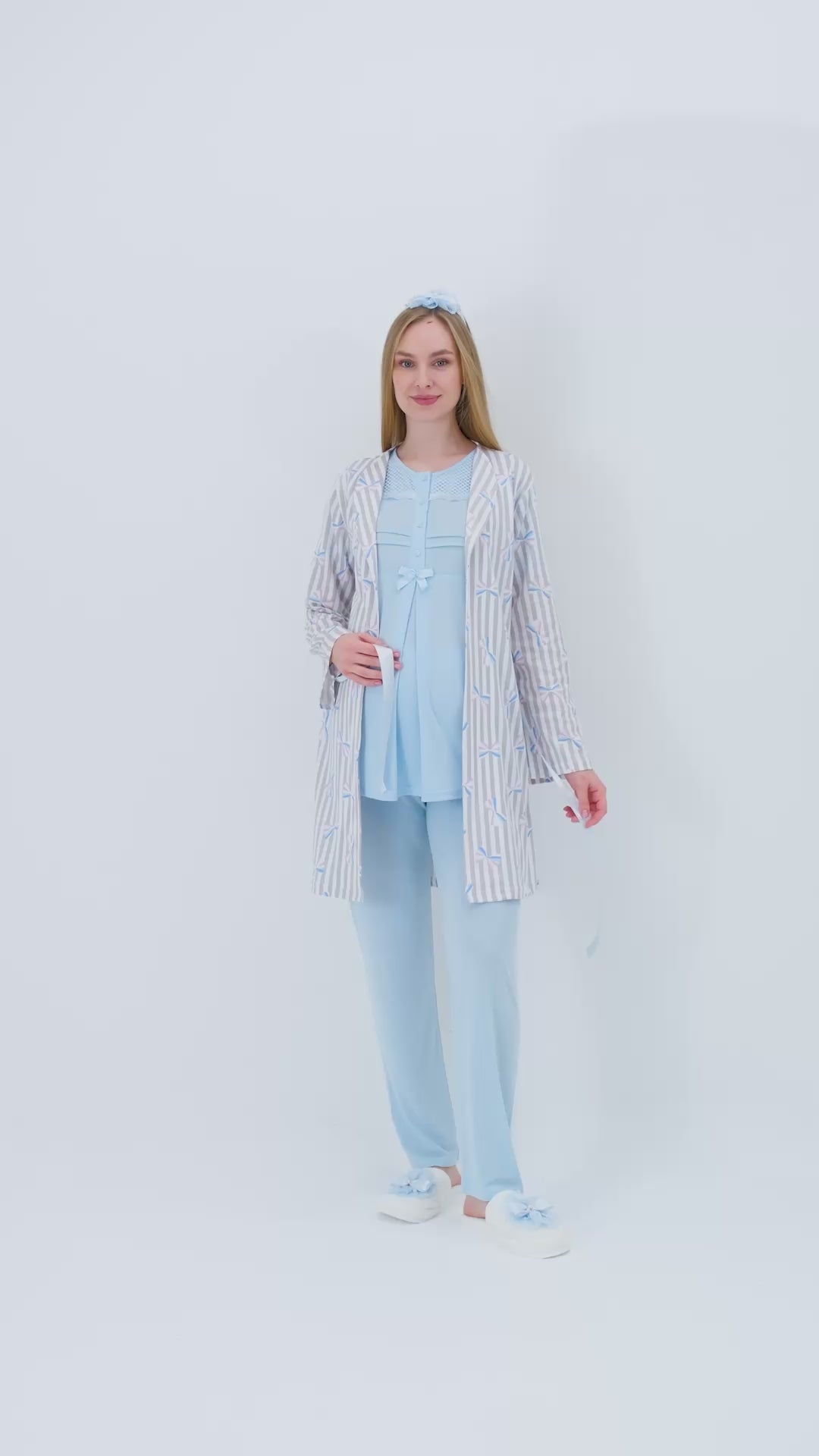 Hamile lohusa pijama ve sabahlık takımı bisiklet yaka çizgili desenli pamuk viskoz 3'lü 25
