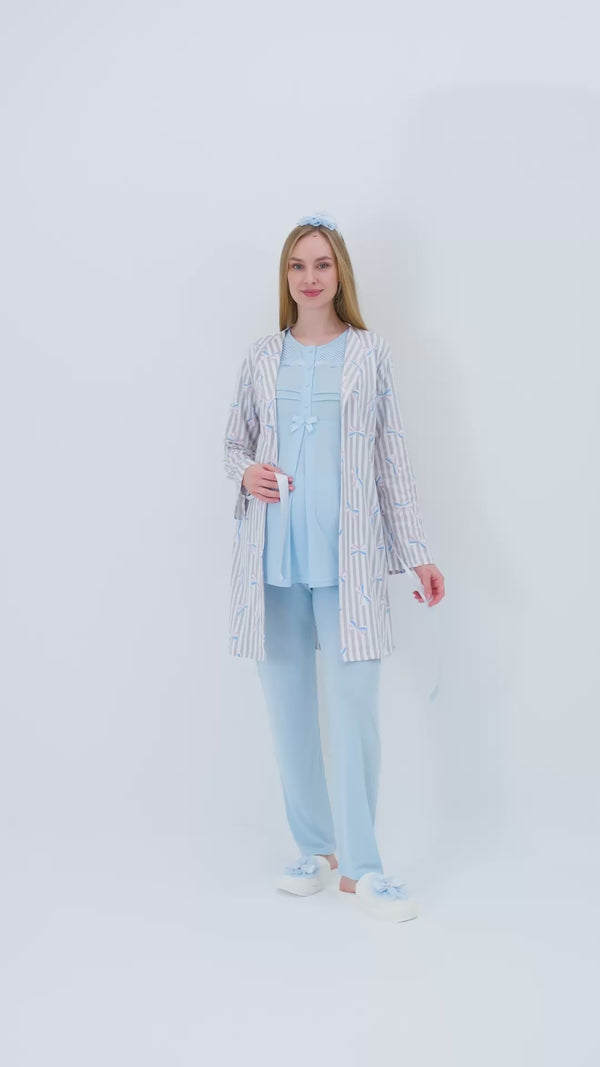 Hamile Pijama ve Sabahlık Takımı 3’lü – Lohusa Pijama Bisiklet Yaka Çizgili Desenli Pamuk Viskoz - 3460