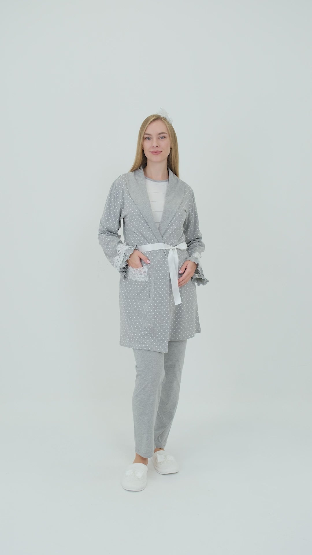 Hamile Lohusa Puanlı Pijama & Sabahlık 3'lü Set – Pamuklu, Çift Taraflı Düğmeli, Ayarlanabilir Bel - 3451