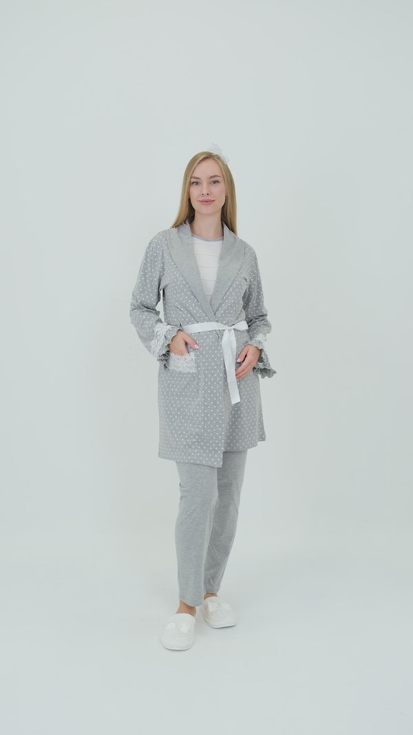 Hamile Lohusa Puanlı Pijama & Sabahlık 3'lü Set – Pamuklu, Çift Taraflı Düğmeli, Ayarlanabilir Bel - 3451