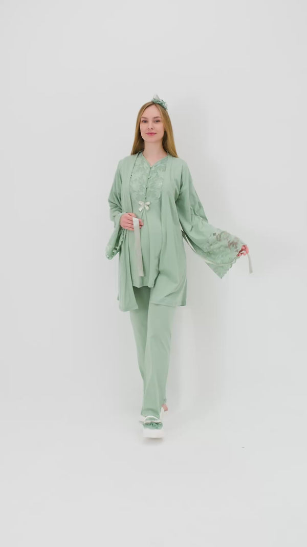 Geniş Dantel Kollu Sabahlık ve 3’lü Emzirme Pijama Seti – Premium Lohusa Koleksiyonu - 3468