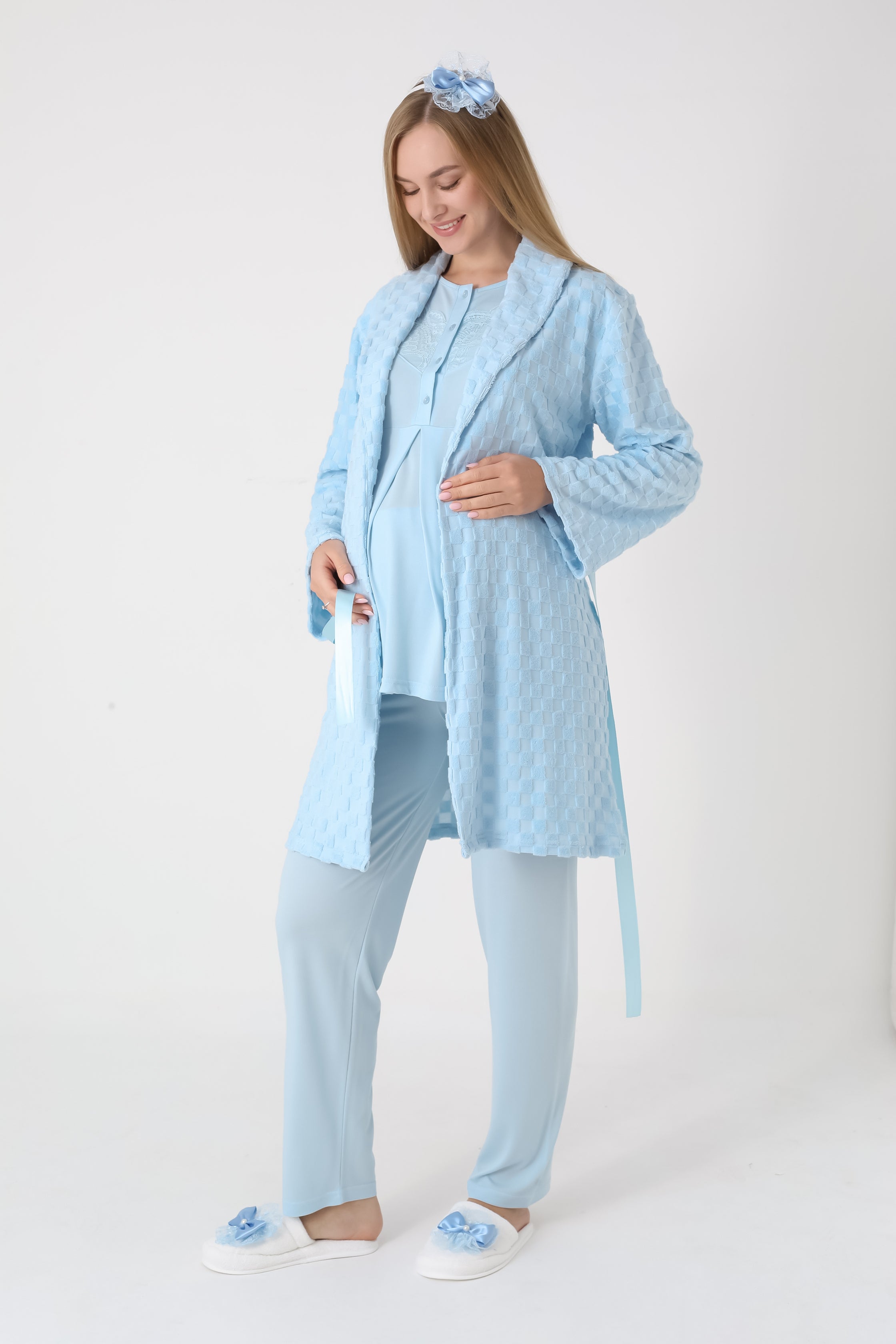 Kareli Jakar Sabahlıklı &amp; Pamuklu 3'lü Hamile Lohusa Pijama Takımı - 3453