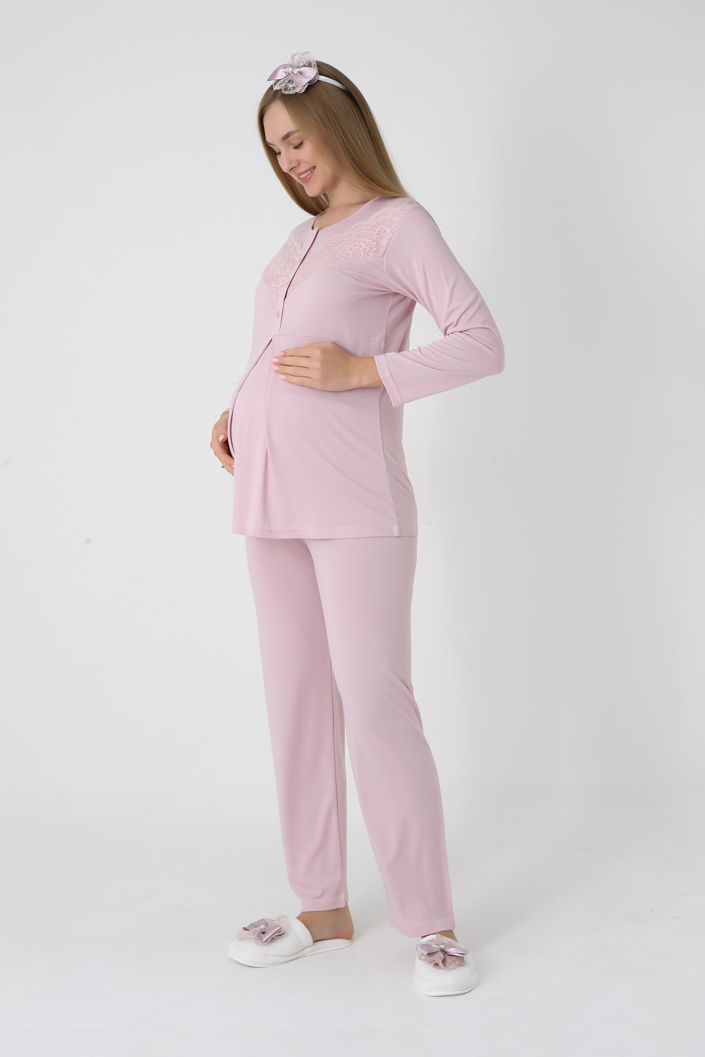 Kareli Jakar Sabahlıklı &amp; Pamuklu 3'lü Hamile Lohusa Pijama Takımı - 3453