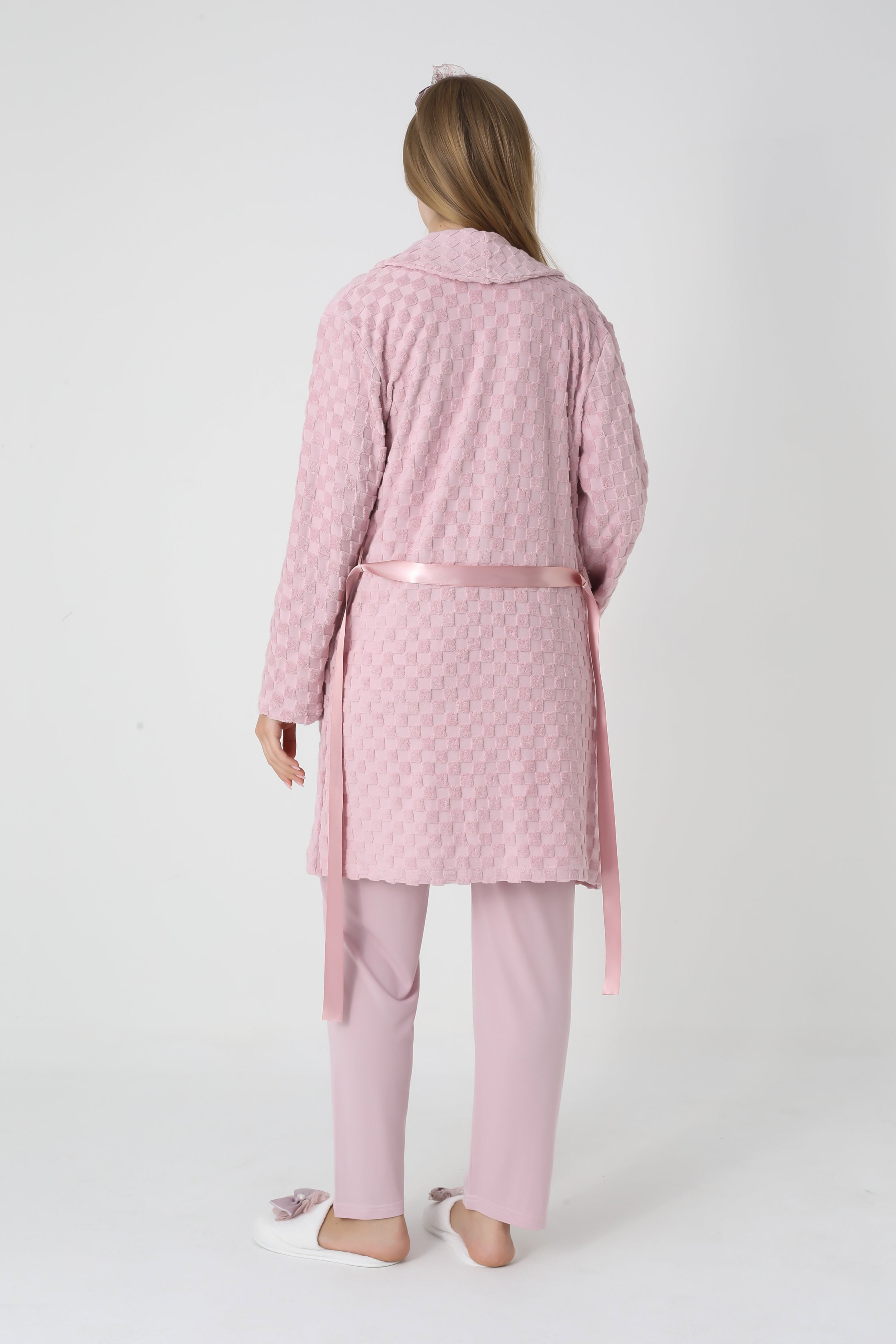 Kareli Jakar Sabahlıklı &amp; Pamuklu 3'lü Hamile Lohusa Pijama Takımı - 3453