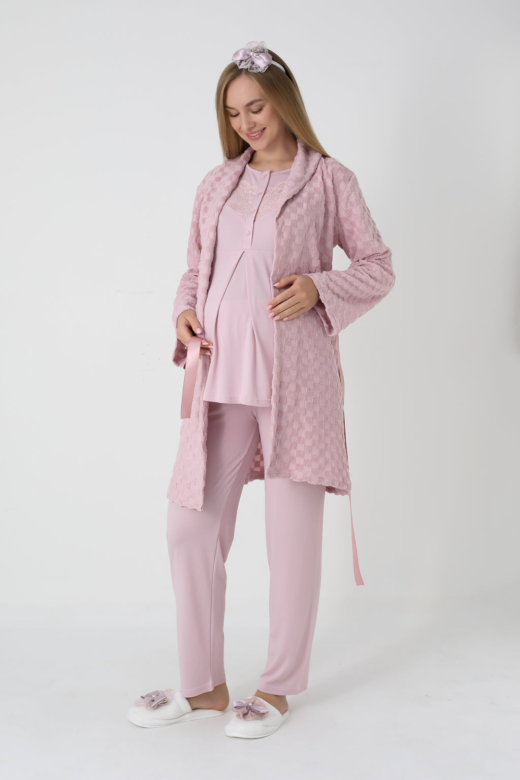 Hamile lohusa pijama ve sabahlık takımı kareli jakar pamuklu 3'lü