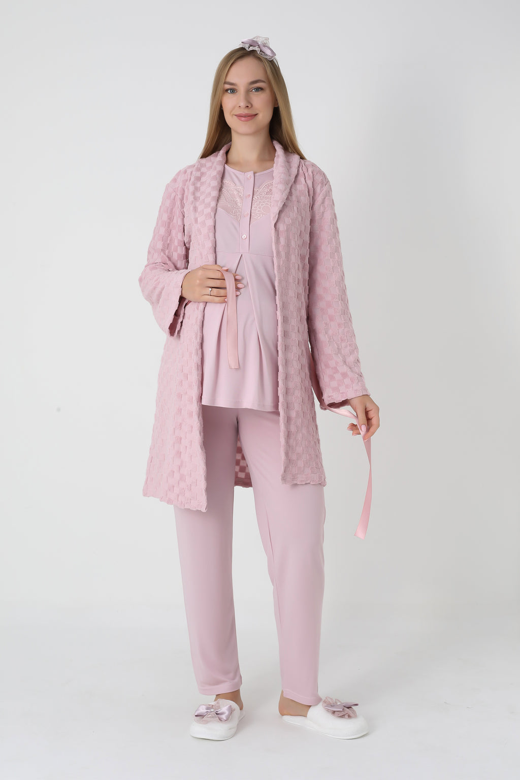 Kareli Jakar Sabahlıklı &amp; Pamuklu 3'lü Hamile Lohusa Pijama Takımı - 3453