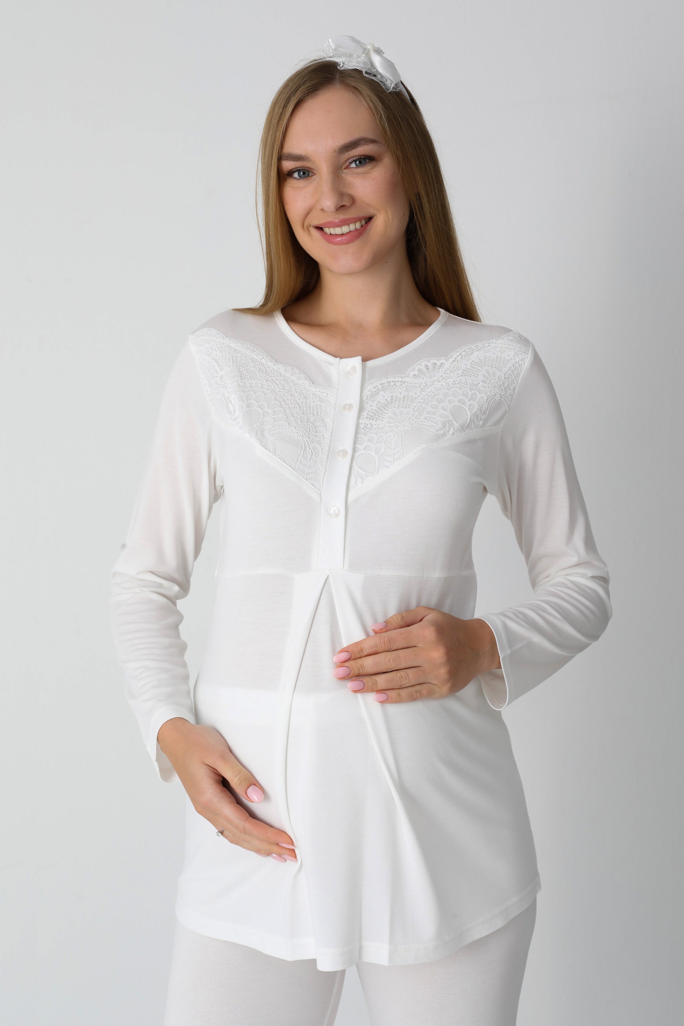 Kareli Jakar Sabahlıklı &amp; Pamuklu 3'lü Hamile Lohusa Pijama Takımı - 3453