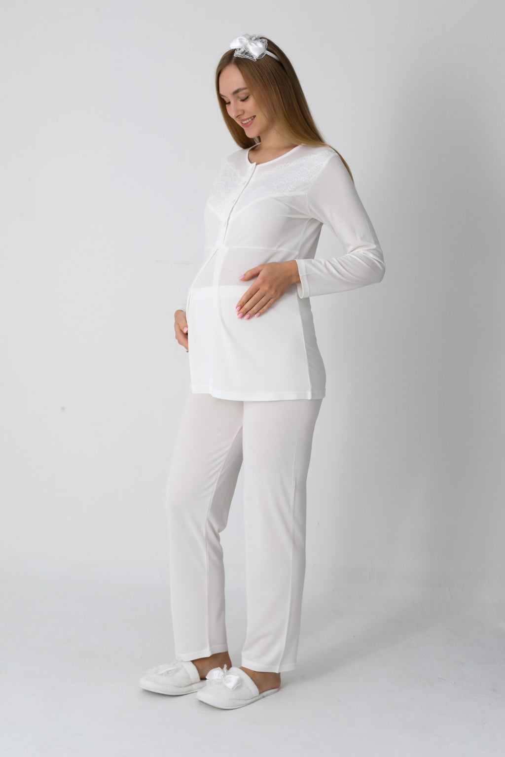 Kareli Jakar Sabahlıklı &amp; Pamuklu 3'lü Hamile Lohusa Pijama Takımı - 3453