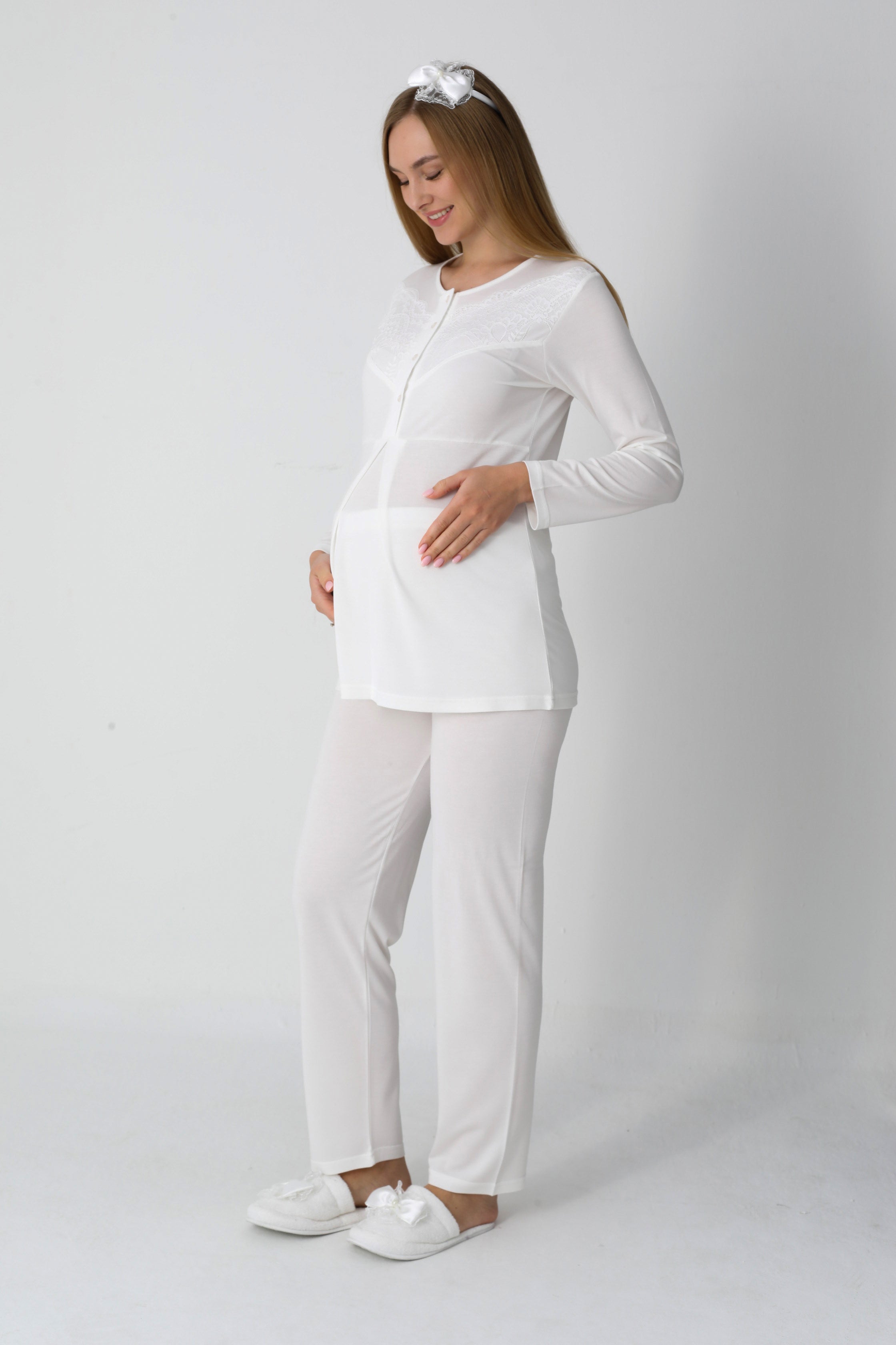 Kareli Jakar Sabahlıklı &amp; Pamuklu 3'lü Hamile Lohusa Pijama Takımı - 3453