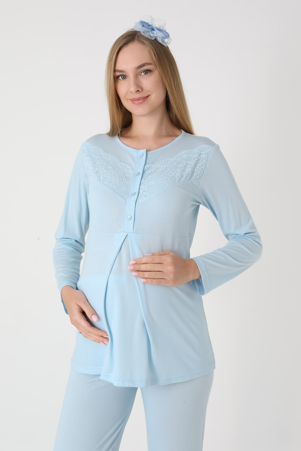 Kareli Jakar Sabahlıklı &amp; Pamuklu 3'lü Hamile Lohusa Pijama Takımı - 3453