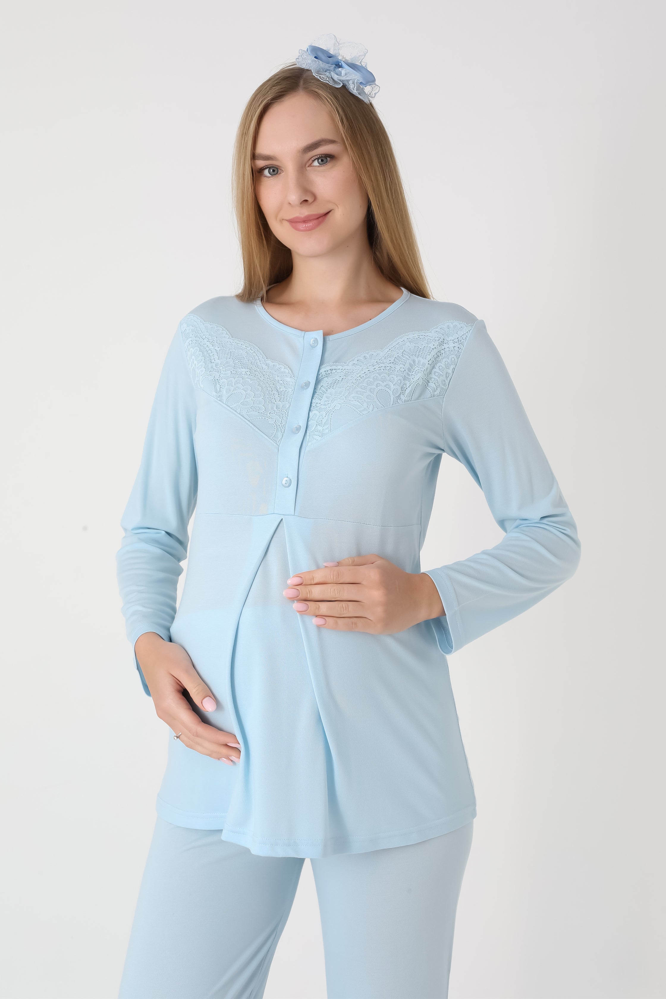 Kareli Jakar Sabahlıklı &amp; Pamuklu 3'lü Hamile Lohusa Pijama Takımı - 3453