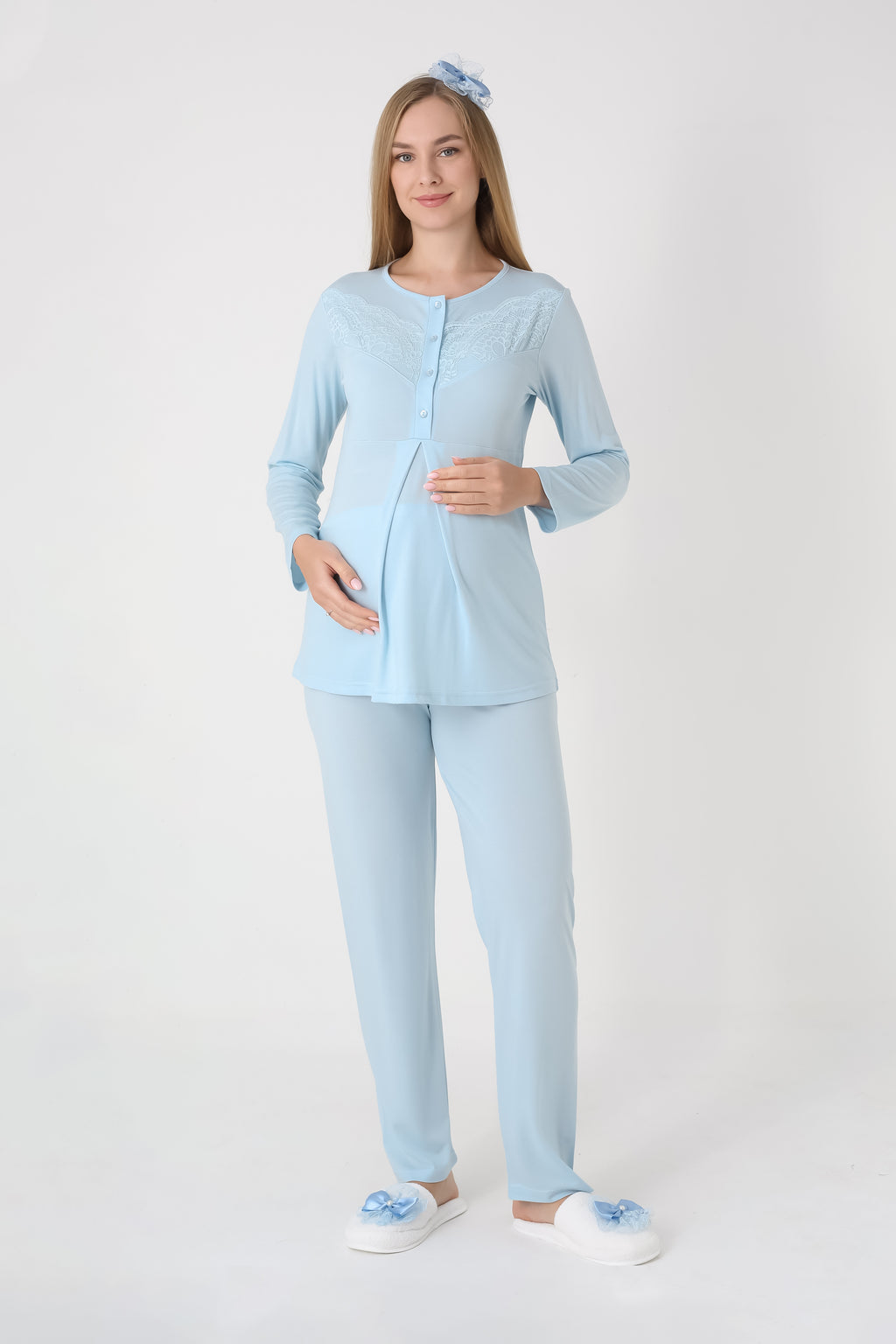 Kareli Jakar Sabahlıklı &amp; Pamuklu 3'lü Hamile Lohusa Pijama Takımı - 3453