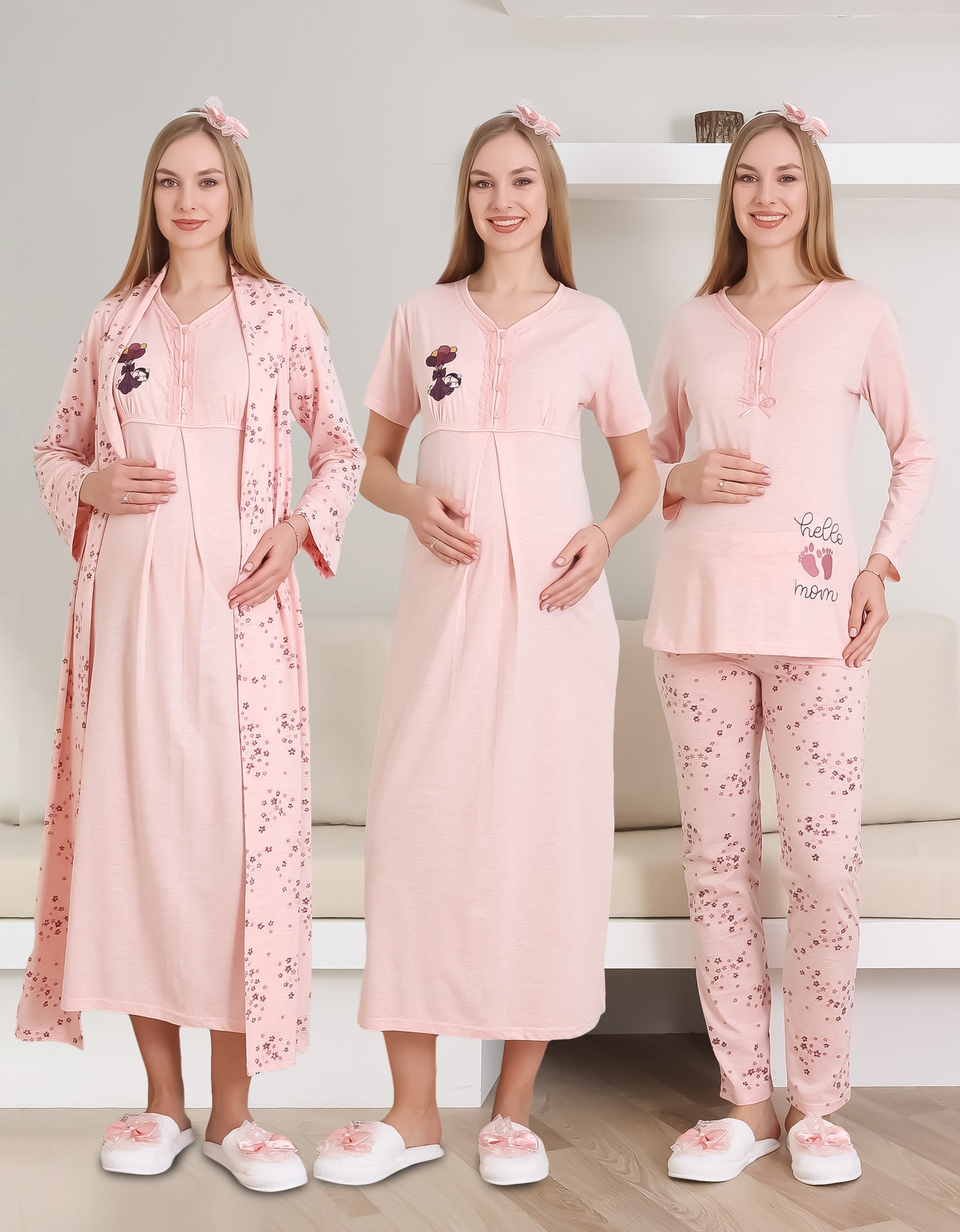 Hamile Gecelik, Pijama ve Sabahlıklı Takım 4'lü Set / Nakışlı Ve Düğmeli Yaka / Pamuklu Penye Kumaş 1172-2289