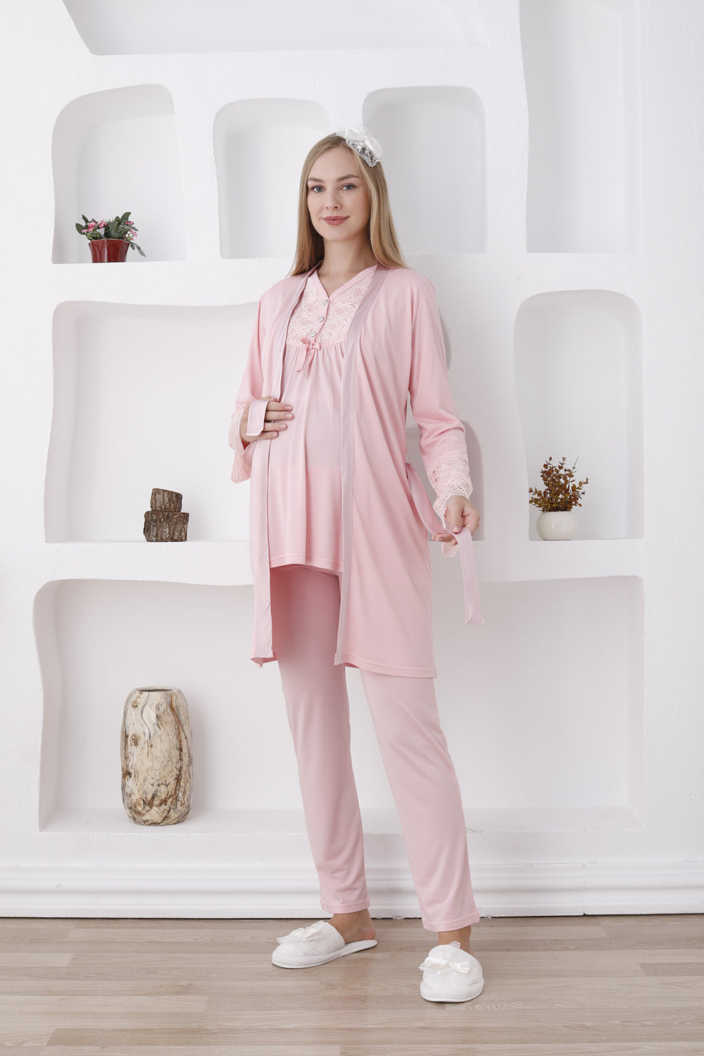 Uzun Kol ve Düğmeli Lohusa Pijama Takımı/3lü Hamile Pijama ve Sabahlıklı Takım - 3424