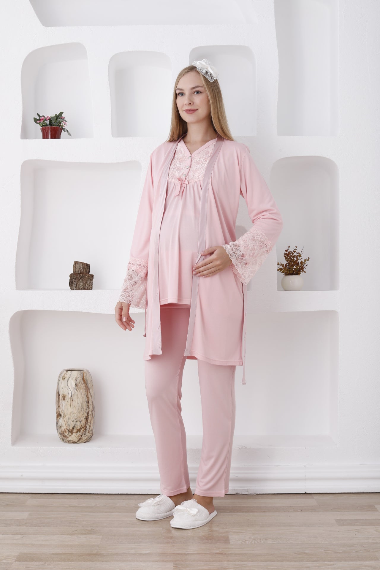 Uzun Kol ve Düğmeli Lohusa Pijama Takımı/3lü Hamile Pijama ve Sabahlıklı Takım - 3424