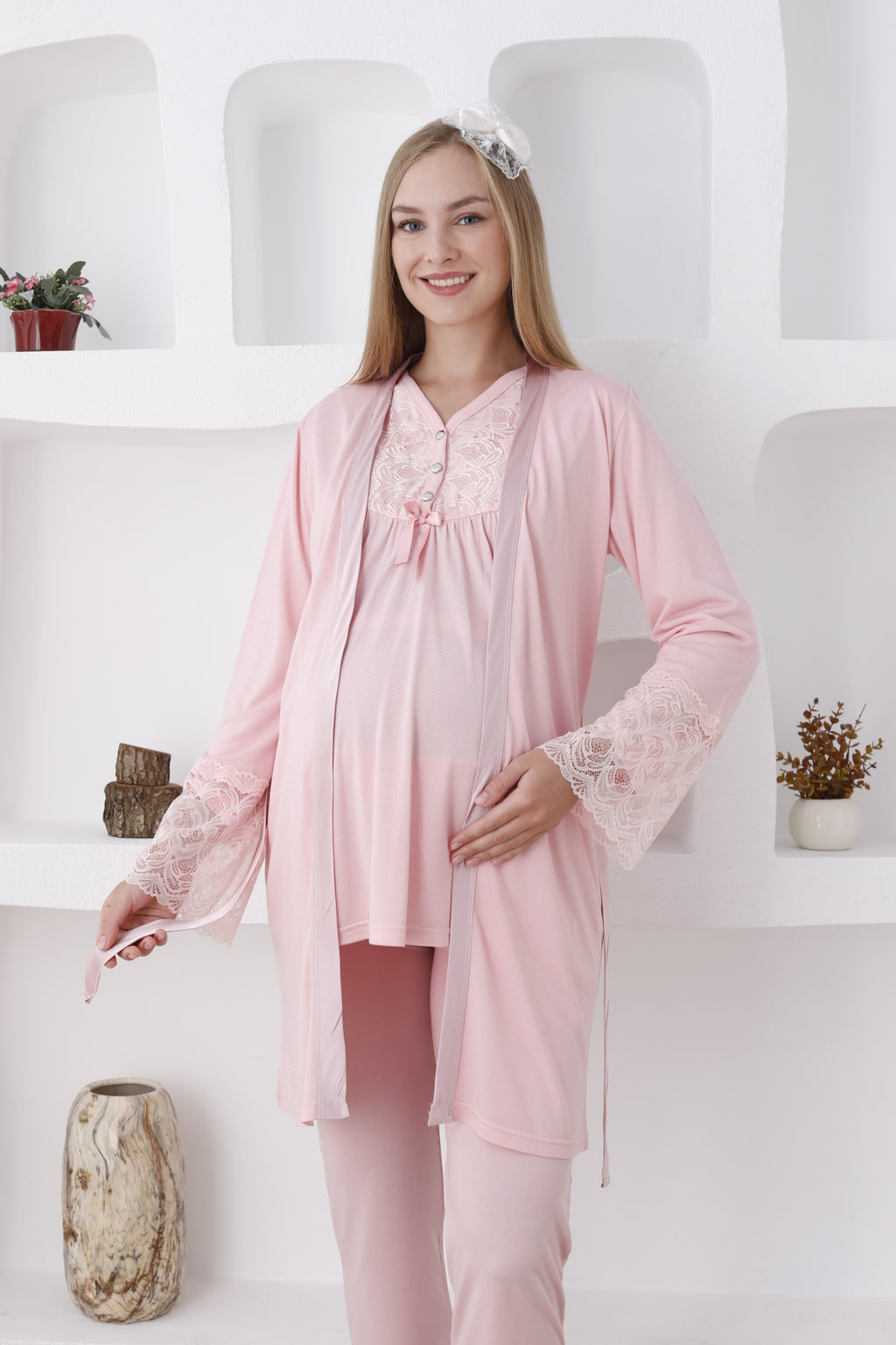Uzun Kol ve Düğmeli Lohusa Pijama Takımı/3lü Hamile Pijama ve Sabahlıklı Takım - 3424