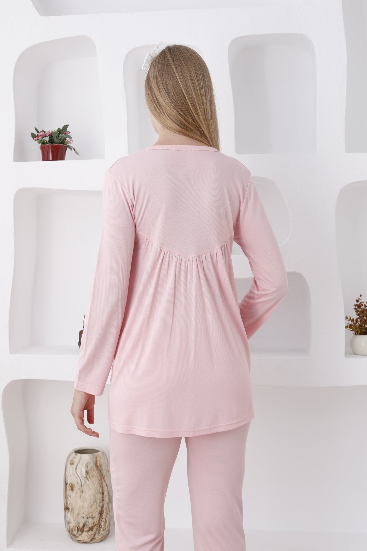 Uzun Kol ve Düğmeli Lohusa Pijama Takımı/3lü Hamile Pijama ve Sabahlıklı Takım - 3424