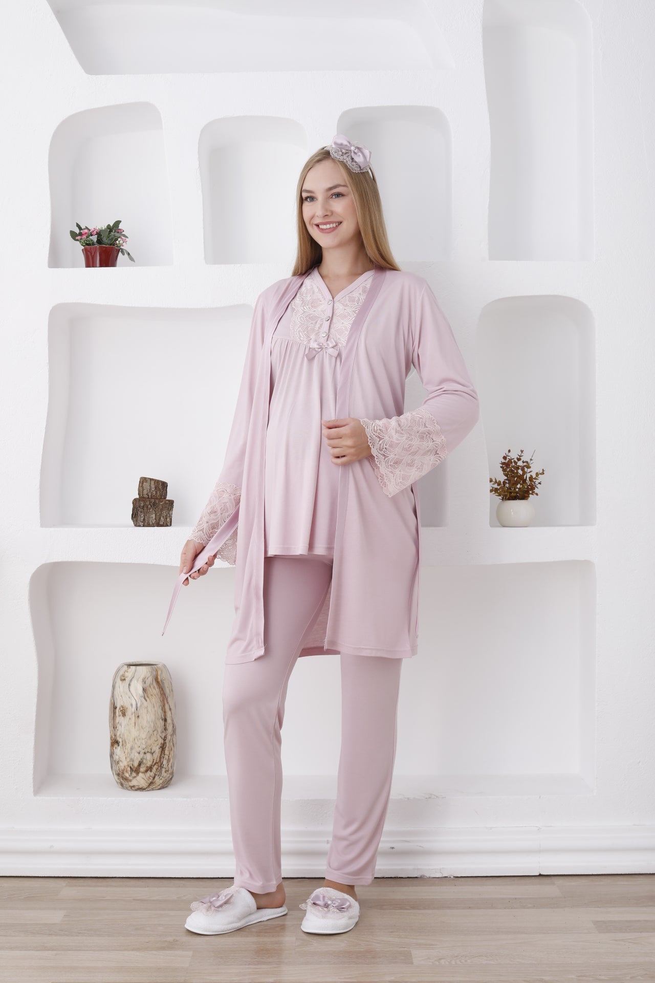 Uzun Kol ve Düğmeli Lohusa Pijama Takımı/3lü Hamile Pijama ve Sabahlıklı Takım - 3424