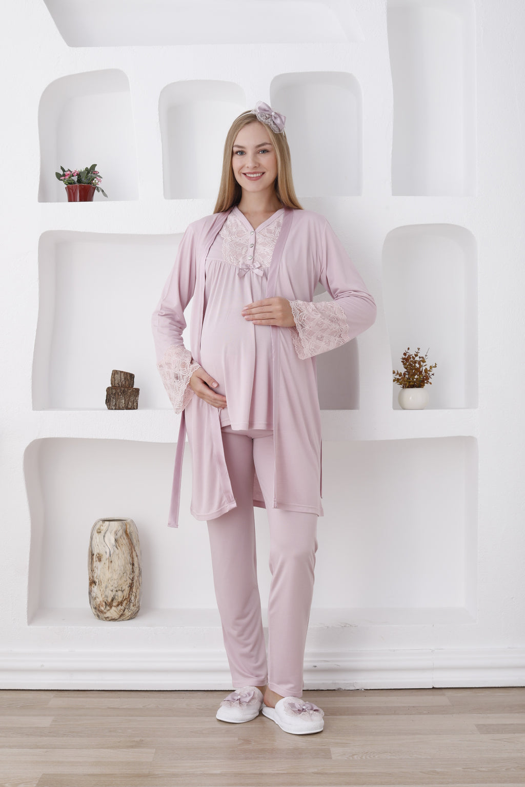 Uzun Kol ve Düğmeli Lohusa Pijama Takımı/3lü Hamile Pijama ve Sabahlıklı Takım - 3424