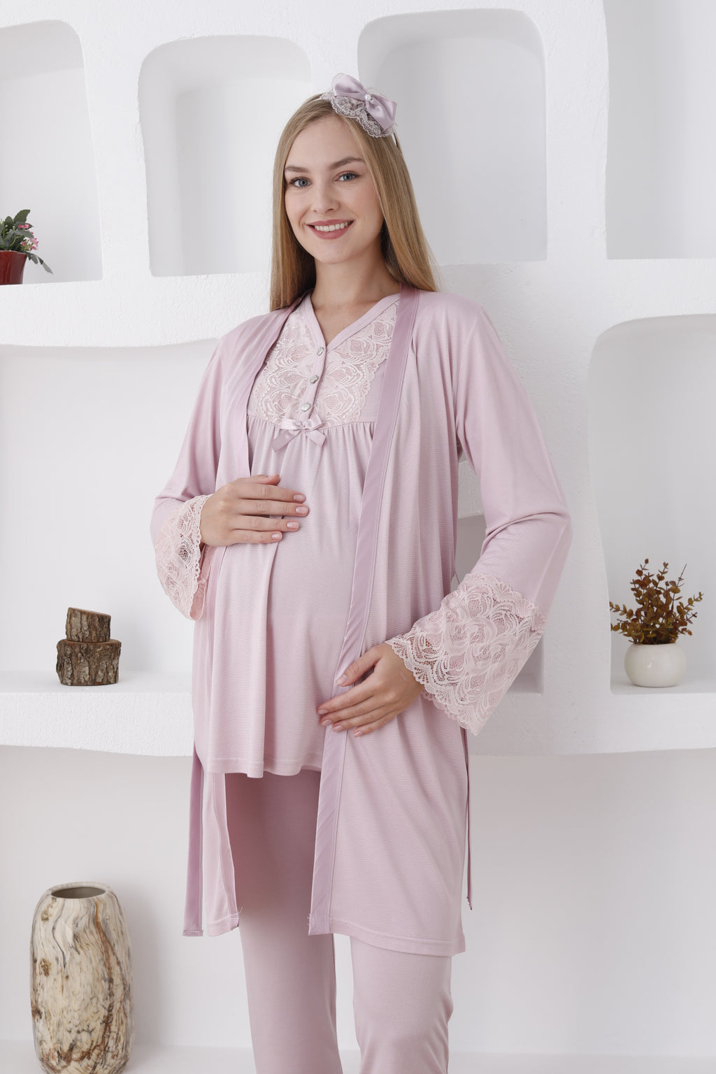 Uzun Kol ve Düğmeli Lohusa Pijama Takımı/3lü Hamile Pijama ve Sabahlıklı Takım - 3424