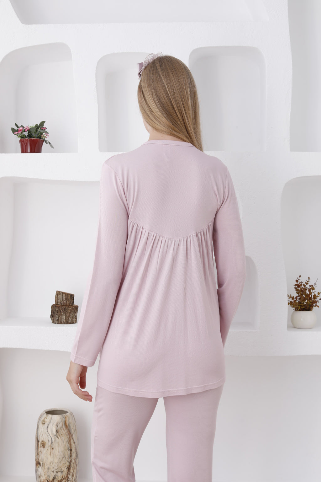 Uzun Kol ve Düğmeli Lohusa Pijama Takımı/3lü Hamile Pijama ve Sabahlıklı Takım - 3424