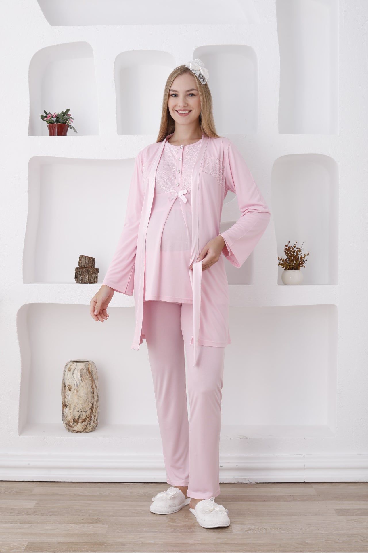 Uzun Kollu 3'lü Hamile Pijama ve Sabahlıklı Lohusa Takımı - 3425