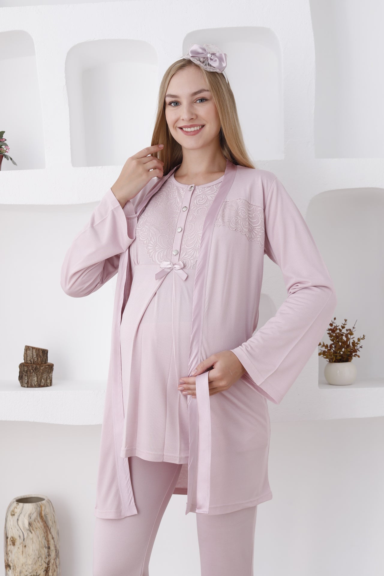 Uzun Kollu 3'lü Hamile Pijama ve Sabahlıklı Lohusa Takımı - 3425