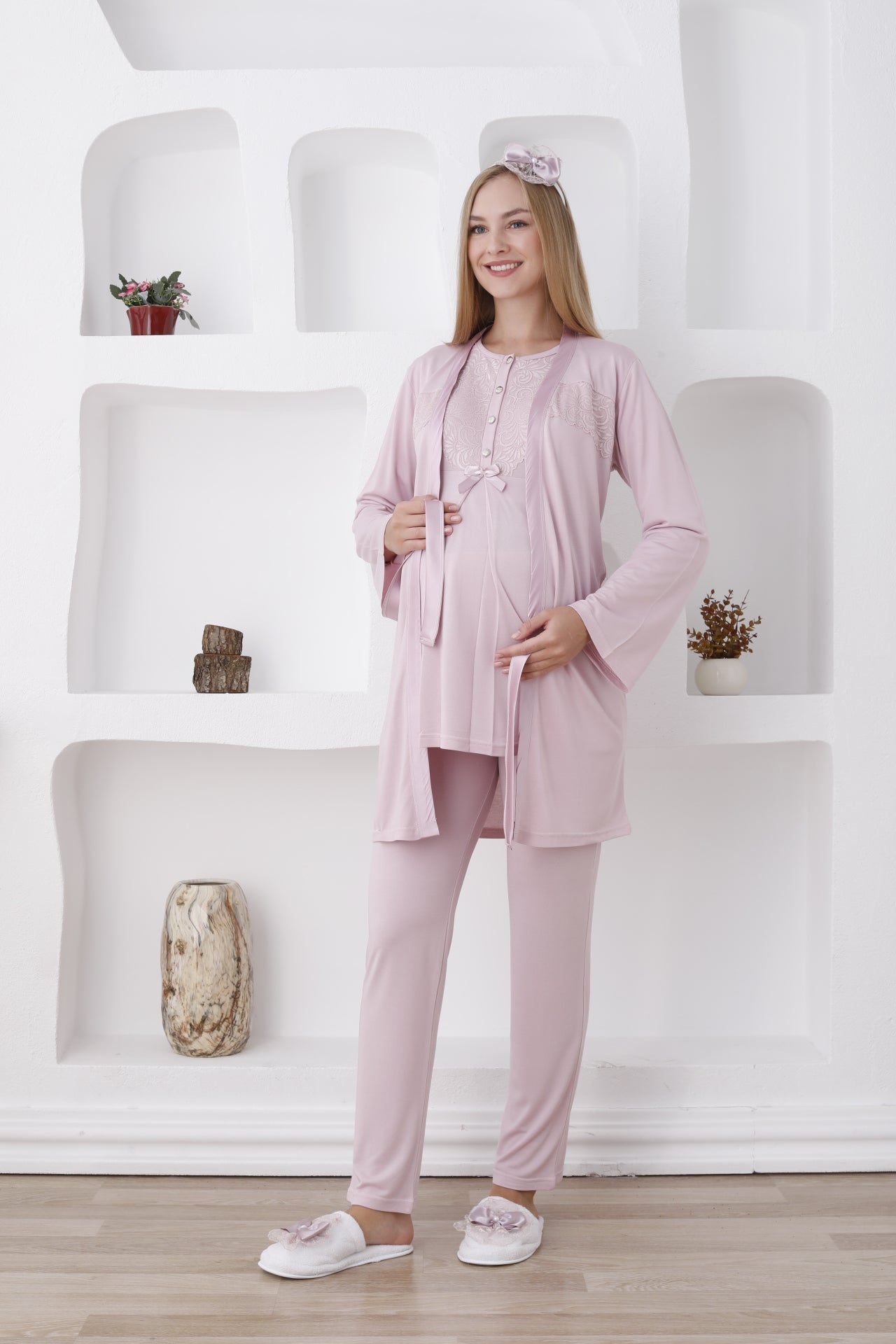 Uzun Kollu 3'lü Hamile Pijama ve Sabahlıklı Lohusa Takımı - 3425