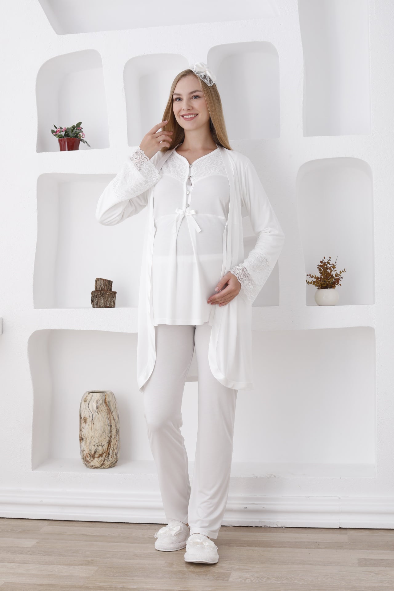 Uzun Kollu 7 Renk Hamile Pijama ve Sabahlık Takımı Dantelli - 3426