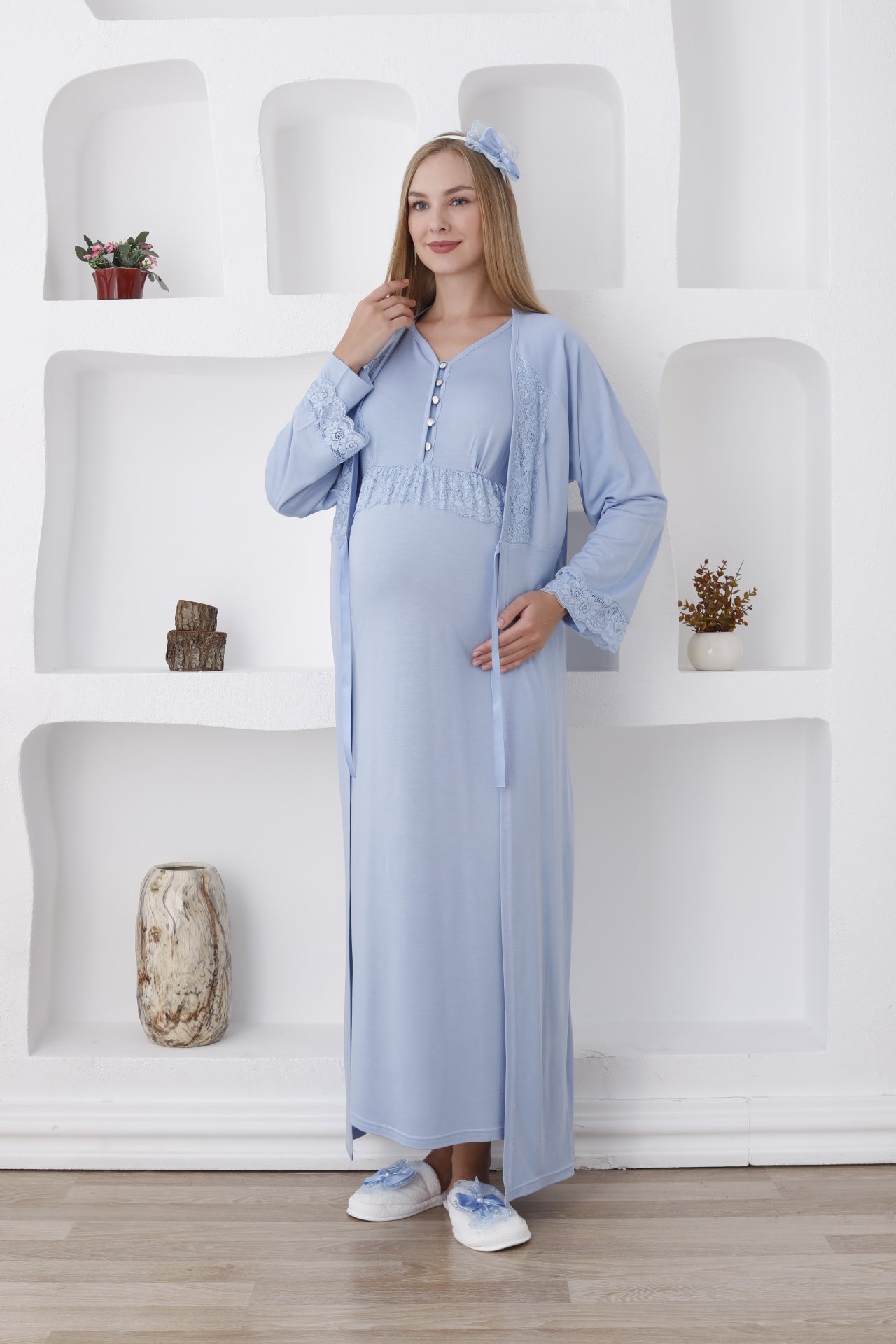 Uzun Kollu Gecelik Ve Sabahlıklı 2’li Hamile/lohusa Takımı - 2285