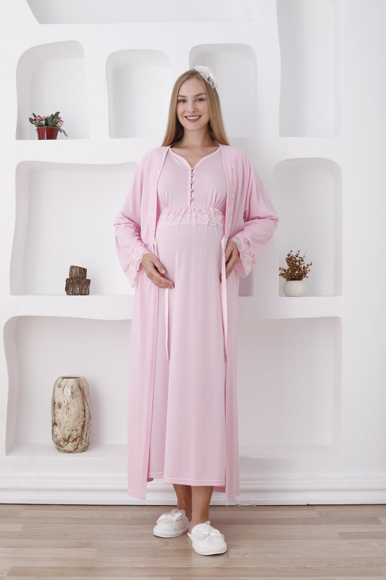 Uzun Kollu Gecelik Ve Sabahlıklı 2’li Hamile/lohusa Takımı - 2285