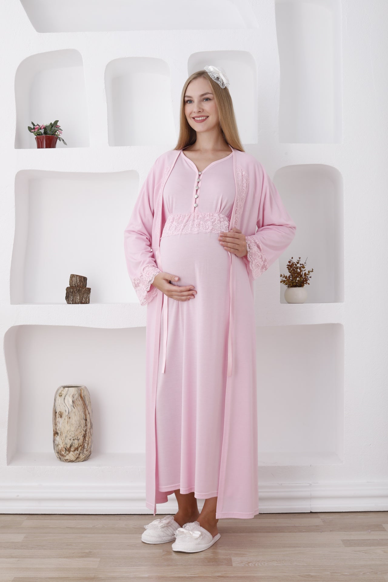 Uzun Kollu Gecelik Ve Sabahlıklı 2’li Hamile/lohusa Takımı - 2285