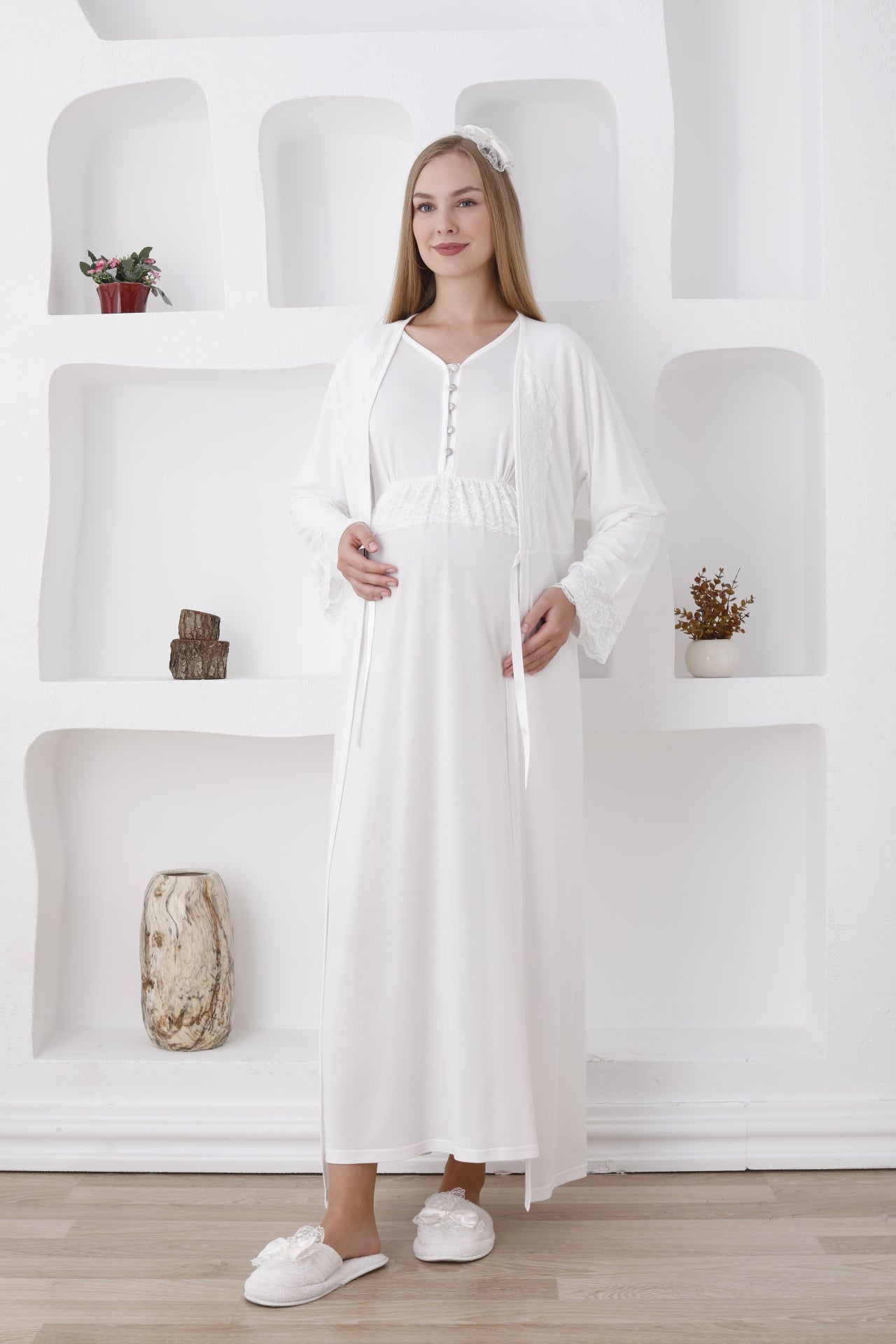 Uzun Kollu Gecelik Ve Sabahlıklı 2’li Hamile/lohusa Takımı - 2285