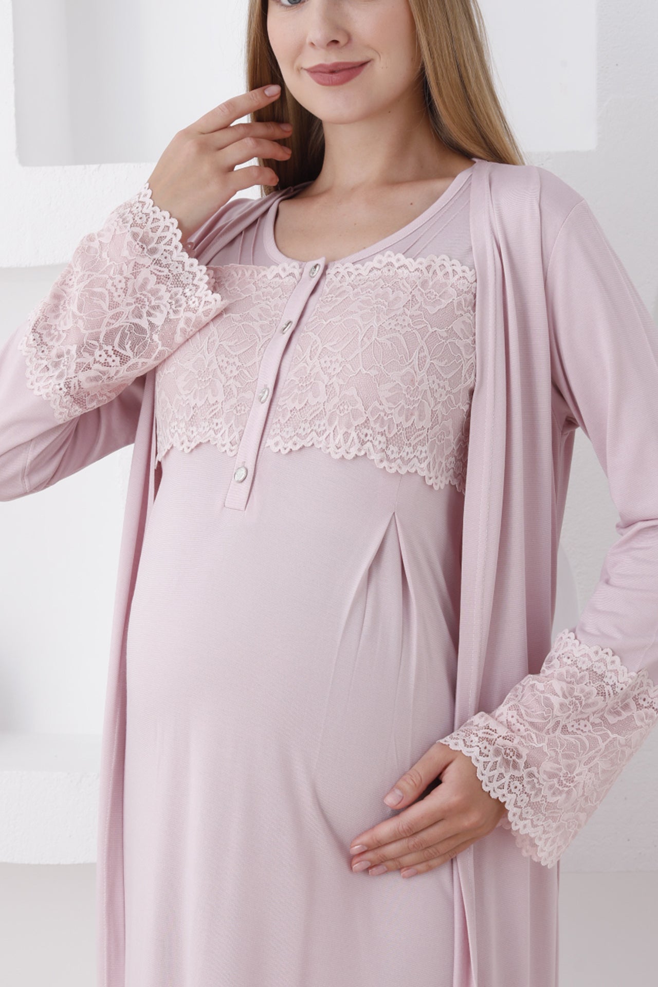 Lohusa Uzun Kollu ve Düğmeli / 2’li Hamile Gecelik ve Sabahlık Takımı - 2283