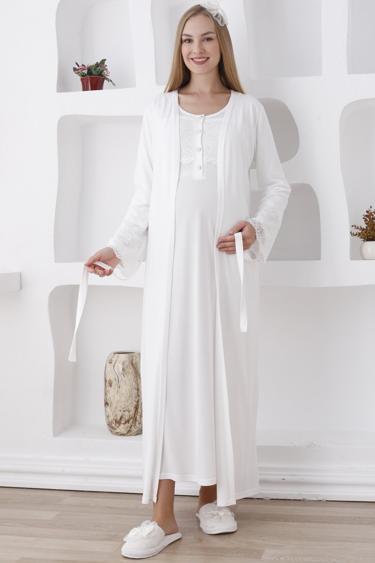 Lohusa Uzun Kollu ve Düğmeli / 2’li Hamile Gecelik ve Sabahlık Takımı - 2283